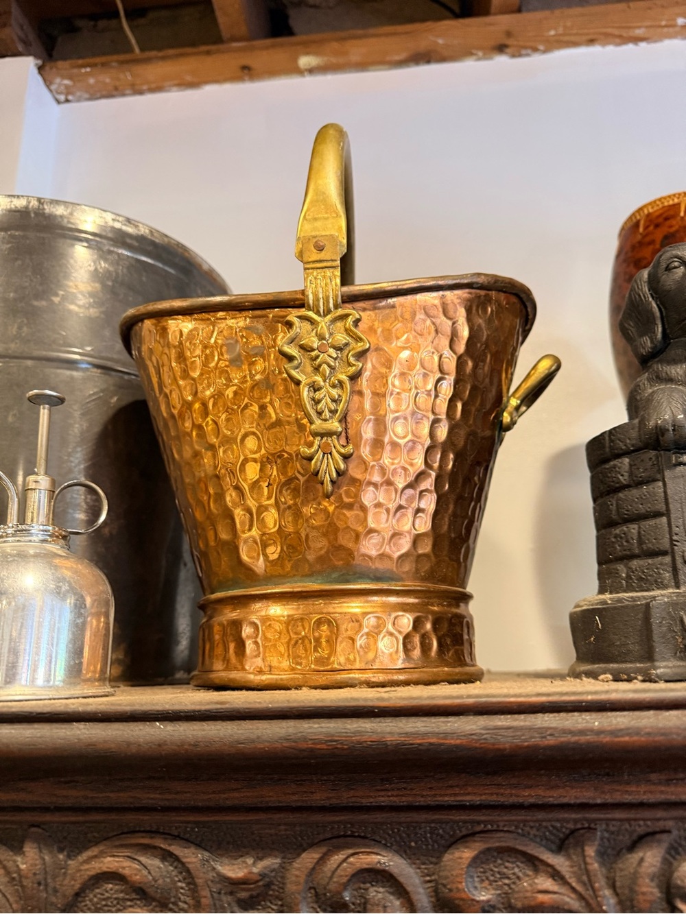 Hammered Copper Decorative Bucket with Brass Accents